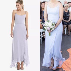 SCOOP NECK RUFFLE-TRIMMED HIGH LOW MAXI DRESS IN SILVER DOVE size 4